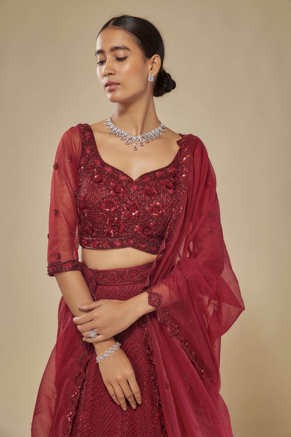 RED EMBROIDERED LEHENGA CHOLI DUPATTA SET