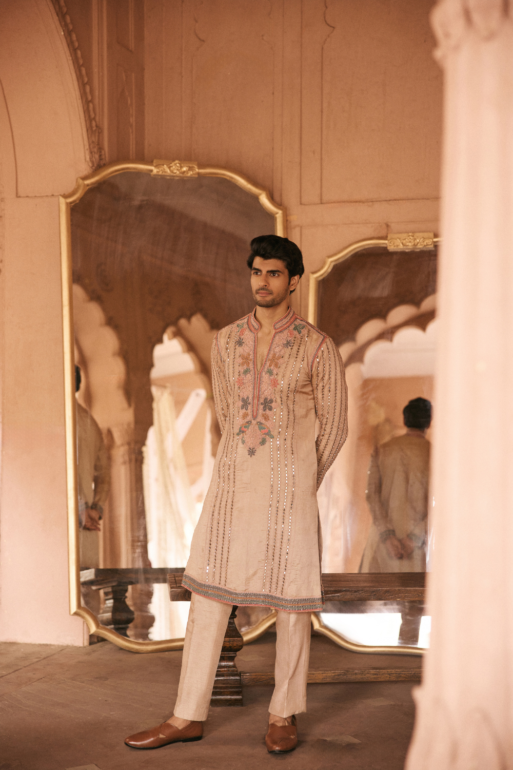 Multi-colour, Mirrorwork, tissue, kurta set