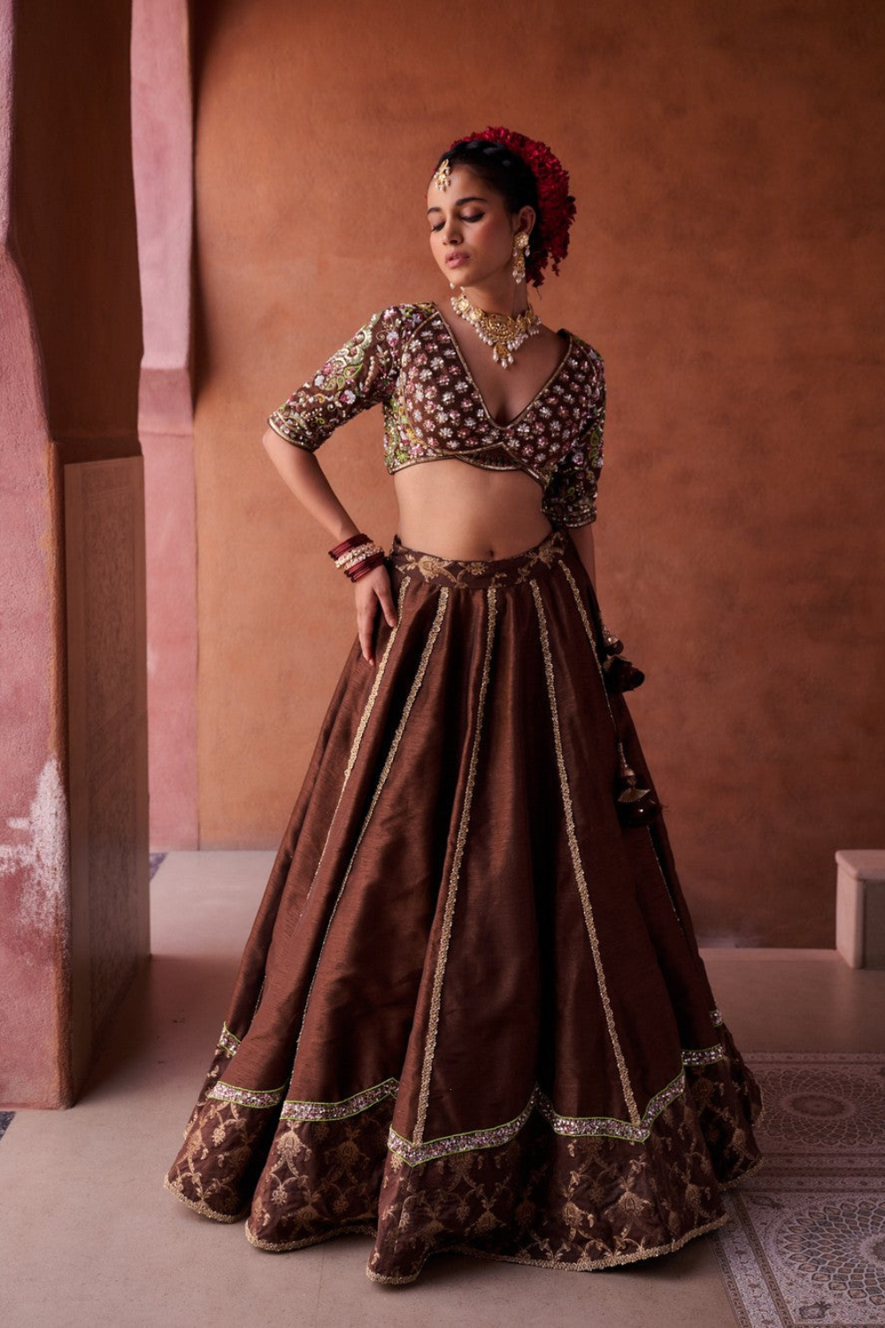 Brown upada silk blouse, lehenga and organza dupatta