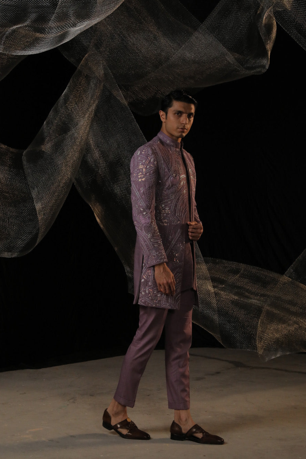 Paneled Indowestern With Ai Designed Bead And Resam Work