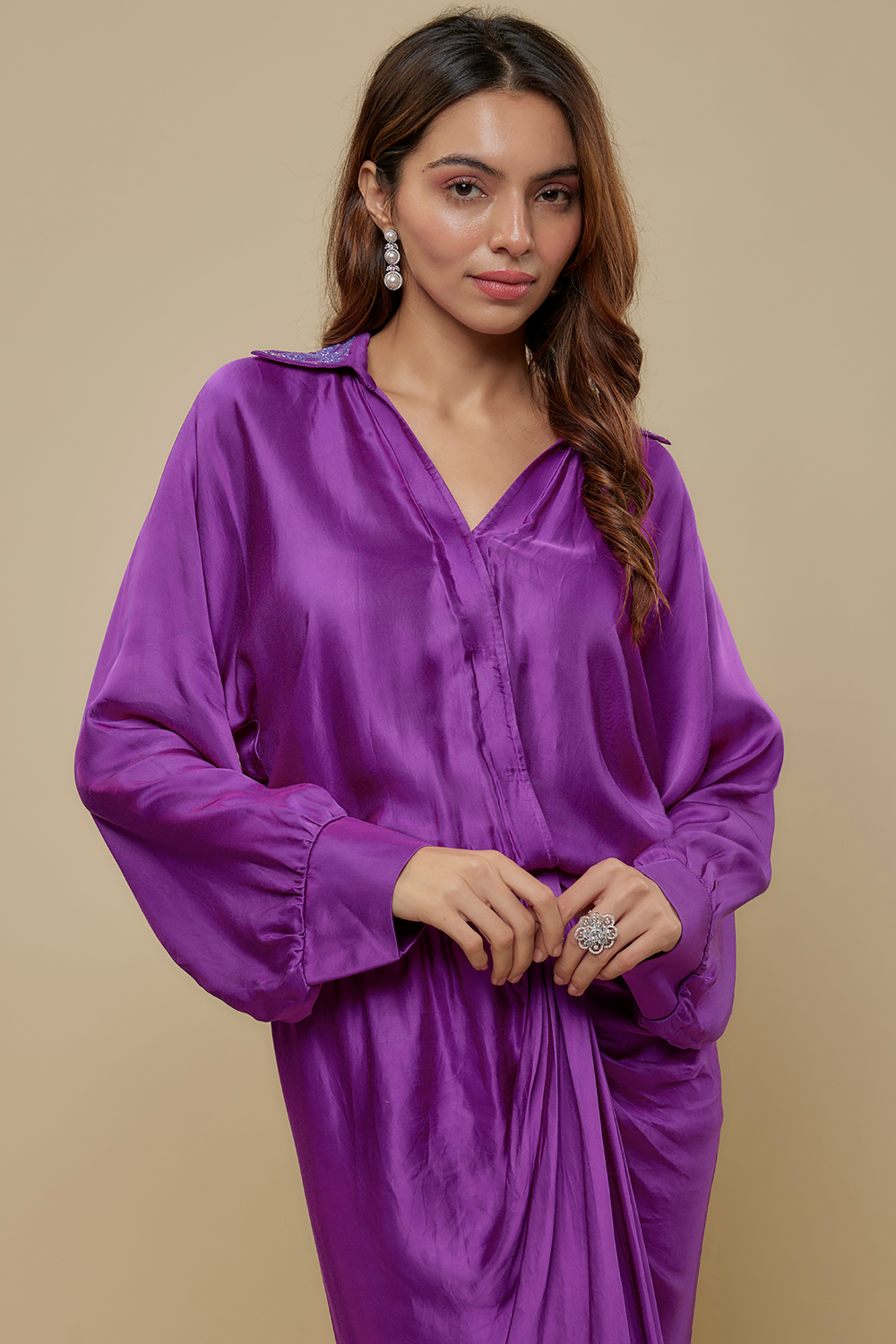 Sireli Purple drape dress with hand embroidered collar