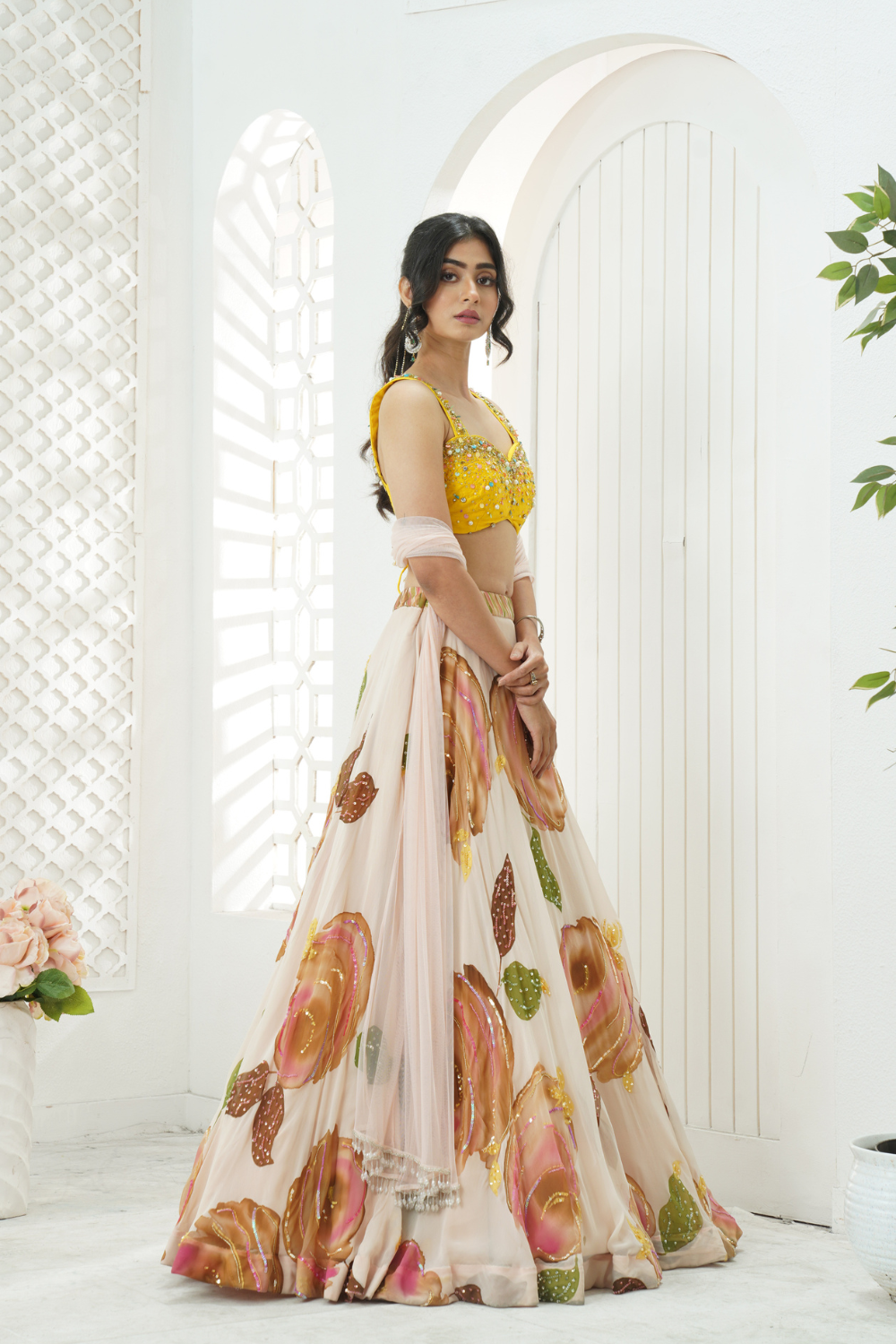 Baby Pink hand painted lehenga and embroidered  Yellow blouse set