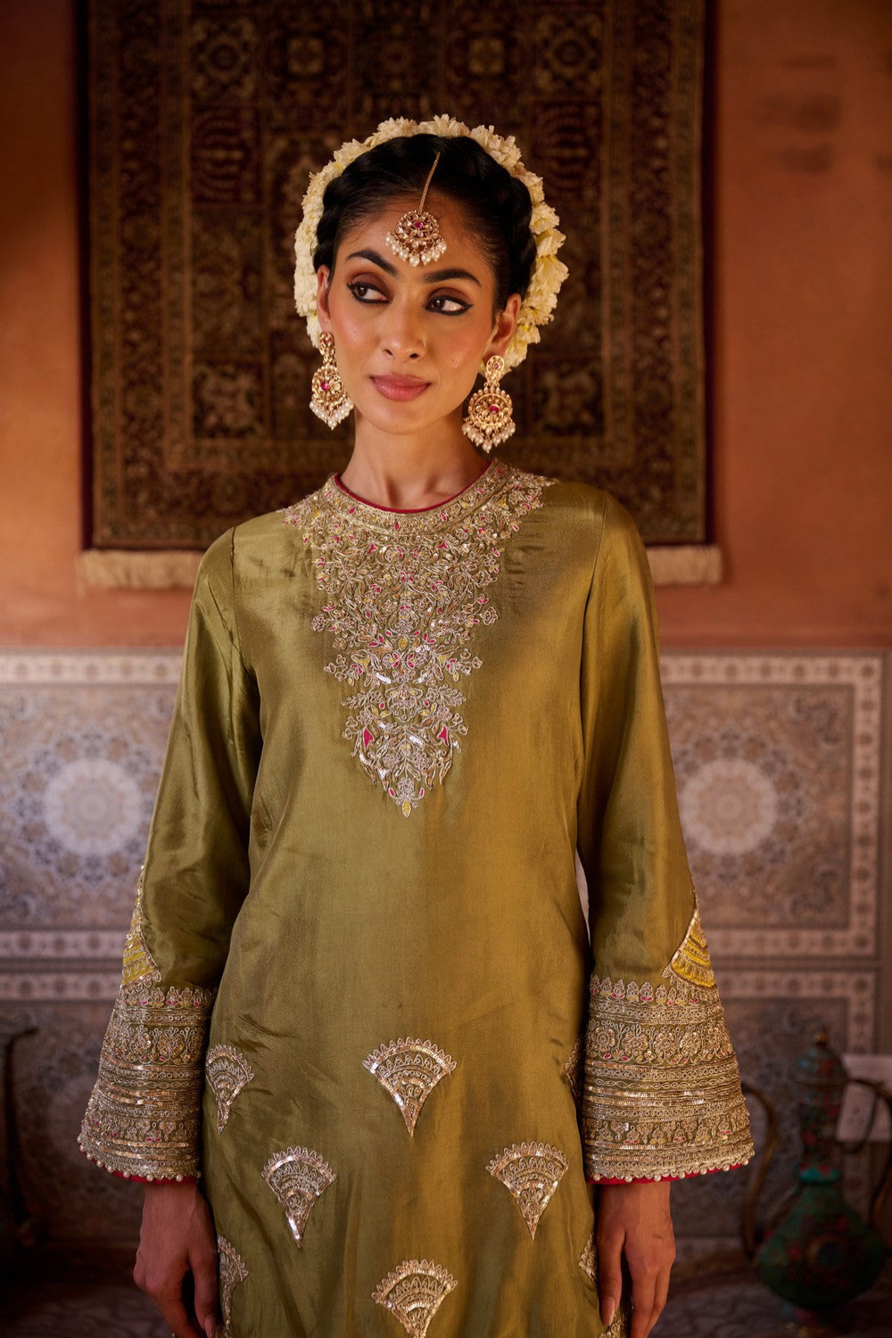 Sage green and mustard upada silk kurta, salwar and organza dupatta