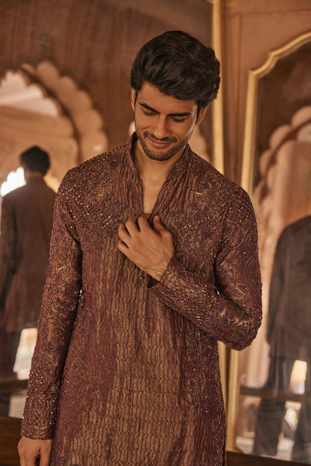 Purple, dori embroidery, tissue, kurta set