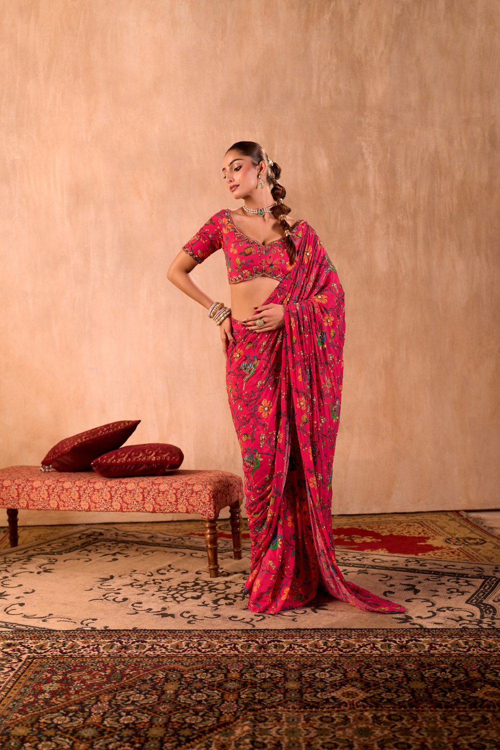 PINK PRINT CHOLI WITH EMBROIDERED SARI SET