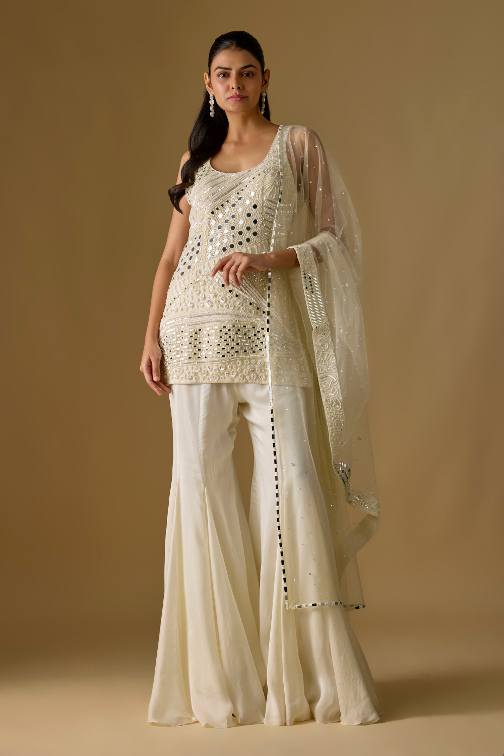 Pearl- Ivory Kurta with Plain Sharara and Zentangle Dupatta