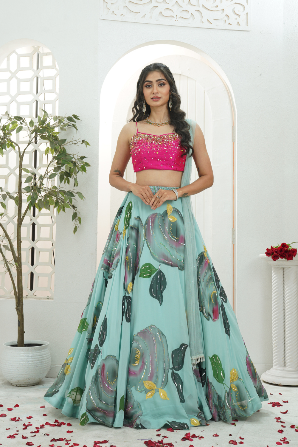 Dusty Blue hand painted lehenga with Pink embroidered bustier set