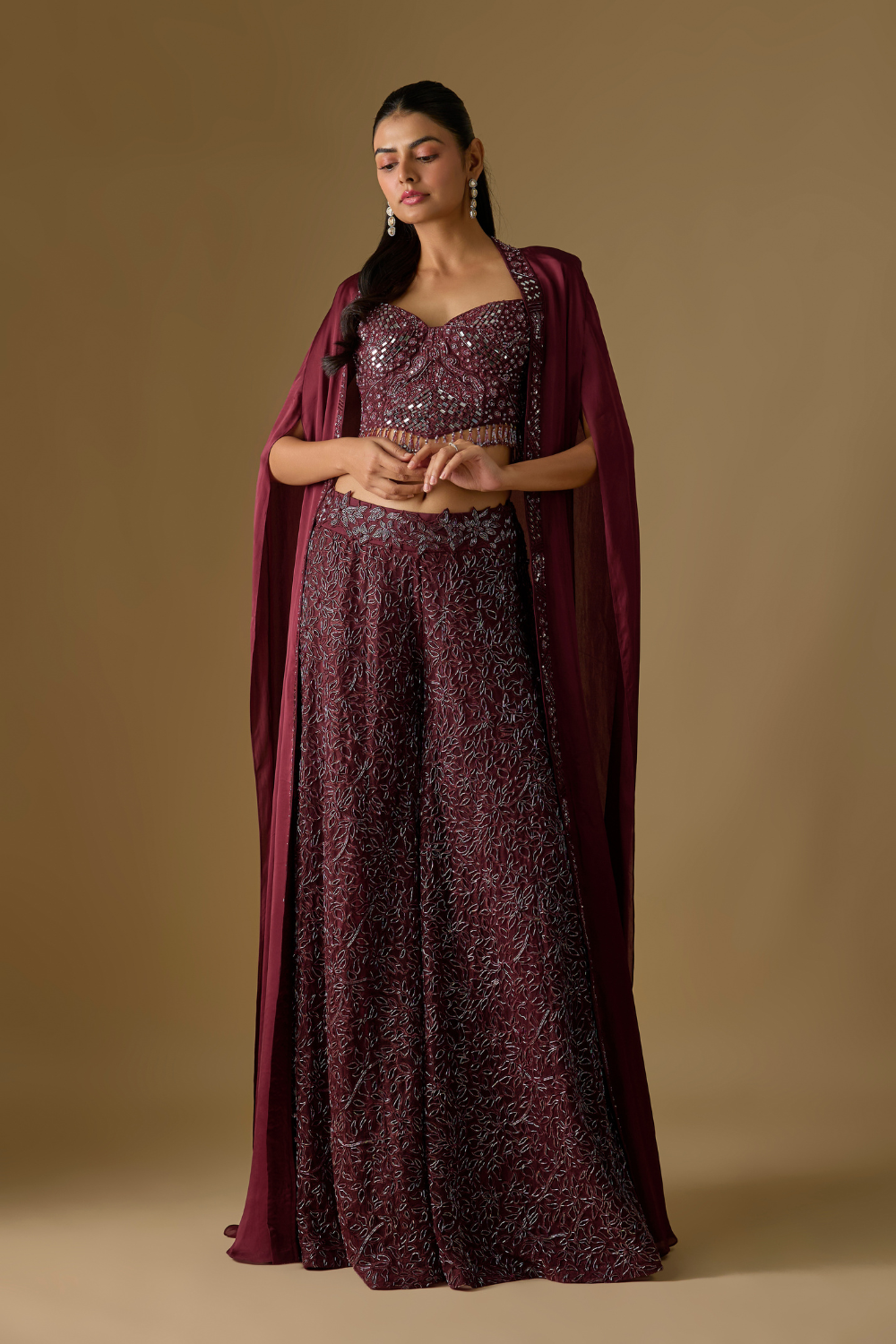 Navara- Wine Sharara with Corset Blouse and Long Cape