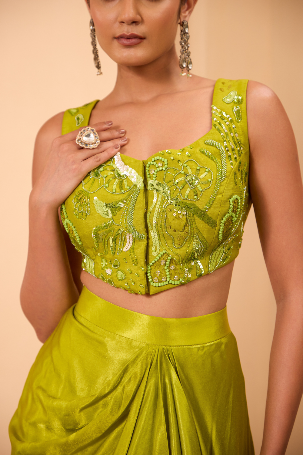 Green Hand Adored Blouse with Drape Skirt