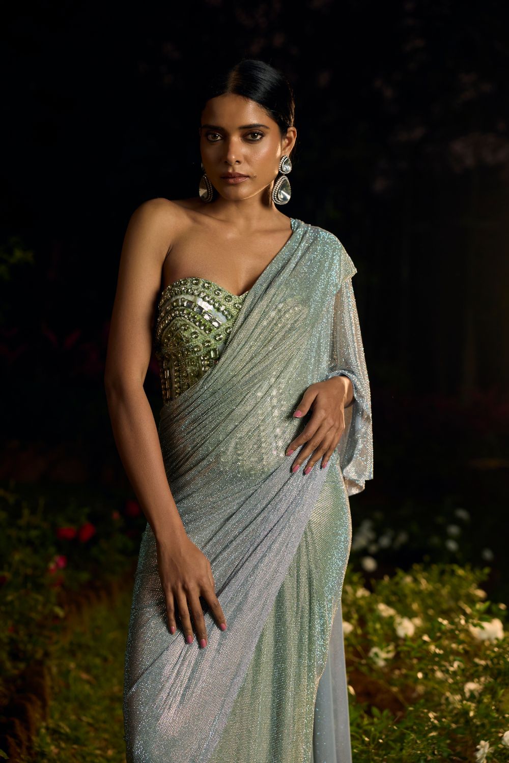 Pista Noor Crystal Saree Set