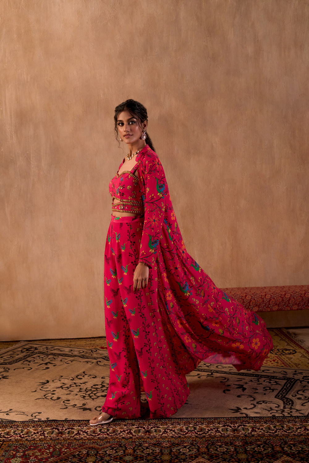 PINK PRINT EMBROIDERED CHOLI, PANTS AND JACKET SET