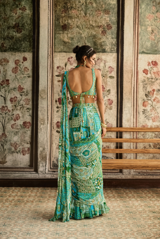 AQUA PRINT AND HIGHLIGHTED TIERED  SAREE SET