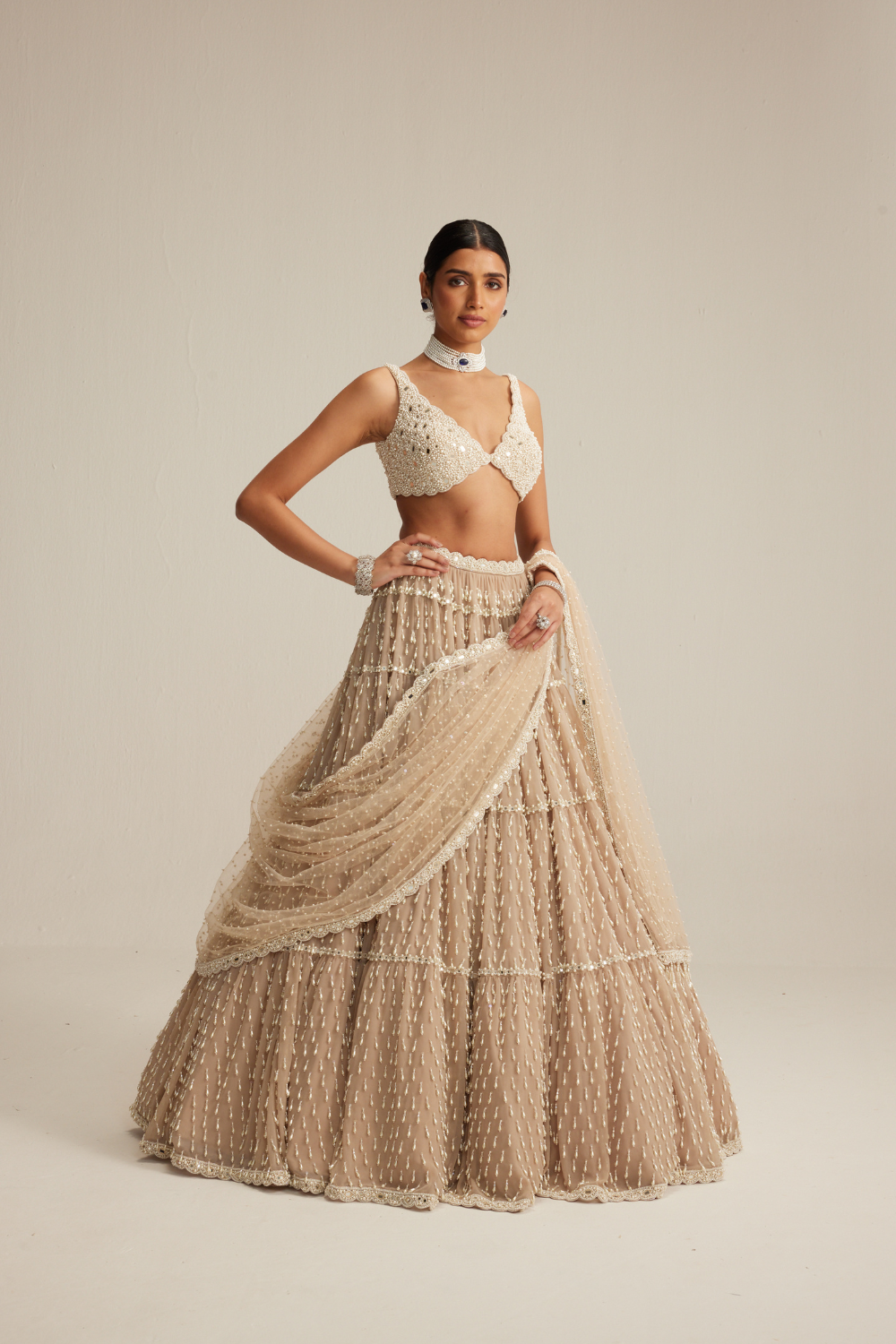 Light Beige Pearl Drop Multitier Lehenga with V neck Blouse