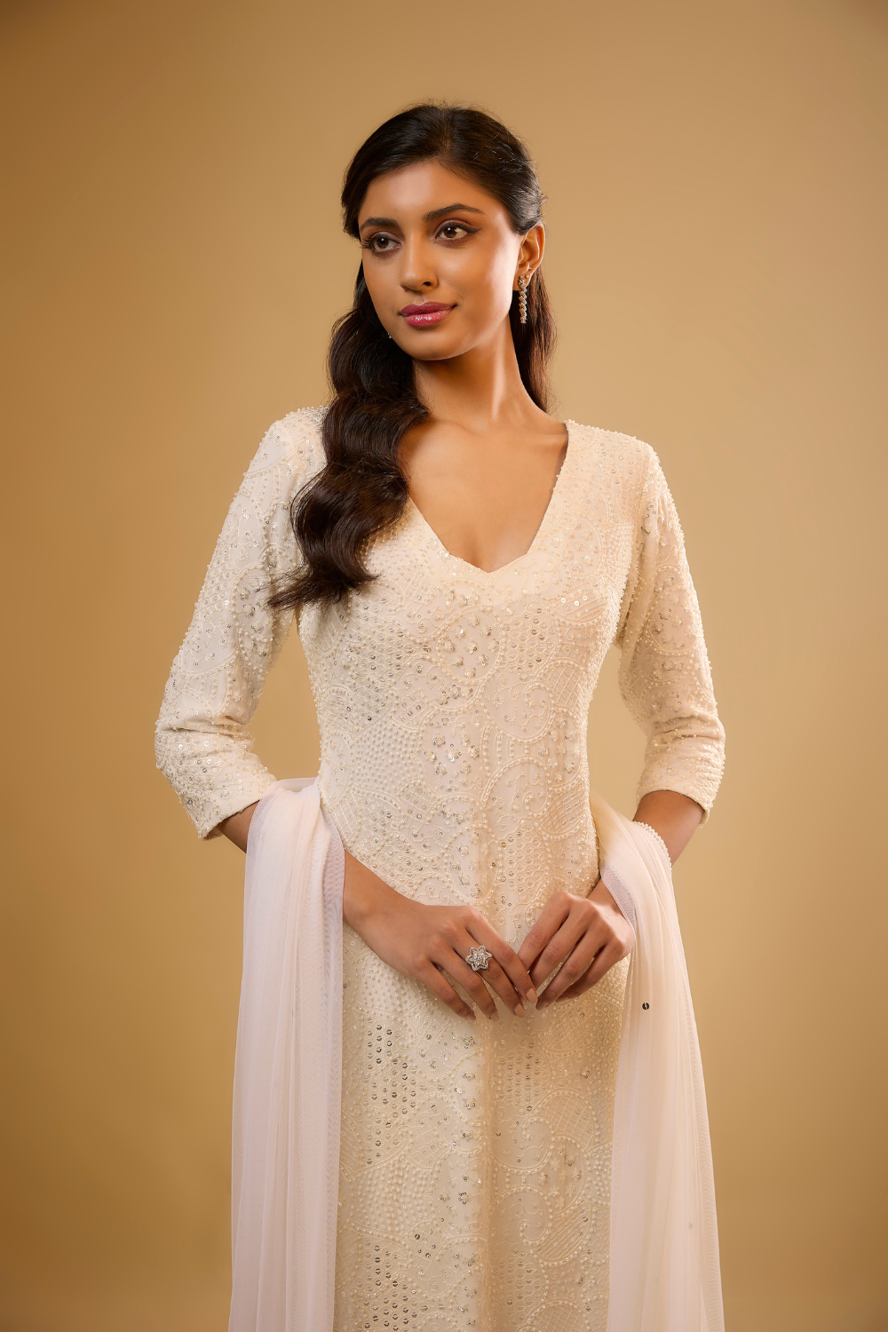 Vanilla White georgette kurta pants set embroidered with sequins, glass beads & threadwork