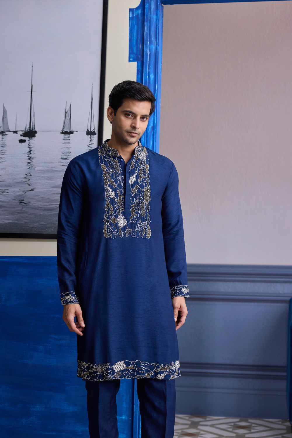 Dark Blue Abstract Embroidered Kurta with Solid Pants