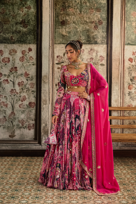 FUSCHIA PRINT AND HIGHLIGHTED ANGRAKHA BLOUSE LEHENGA SET