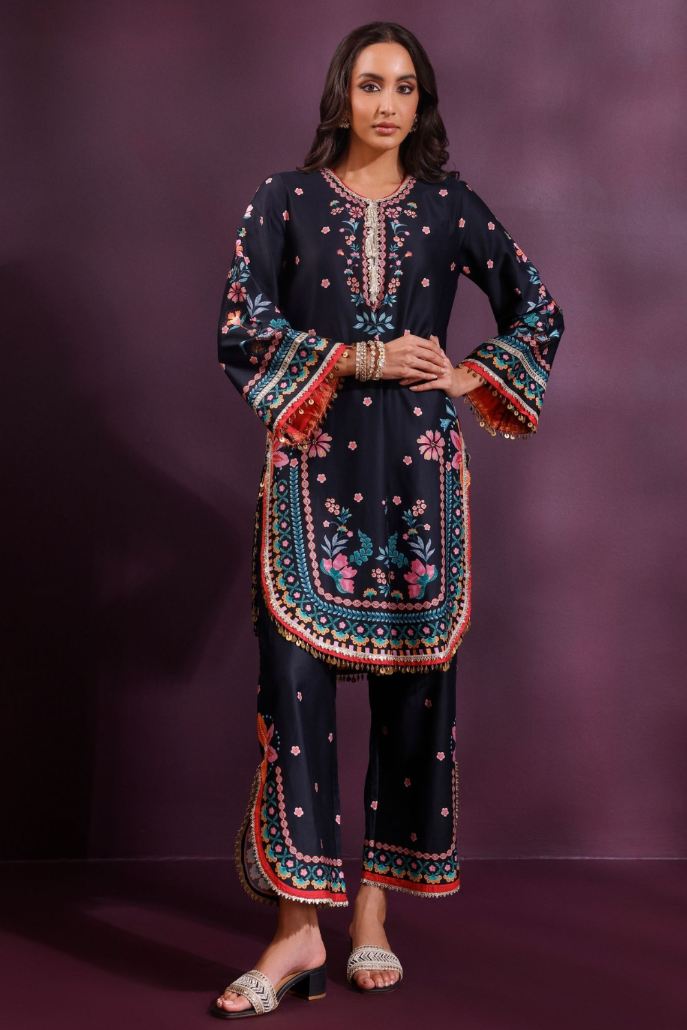 Omira Pima Satin Printed Black Kurta Set