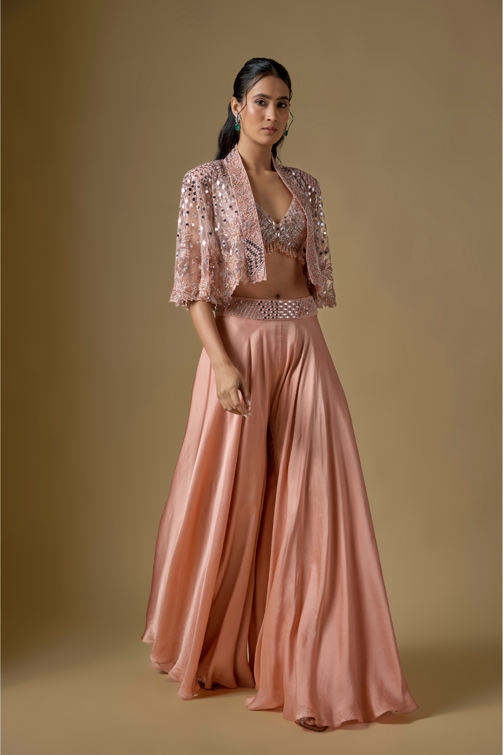 Isla-  Rose Gold Sharara Short Cape Set with Zentangle Blouse