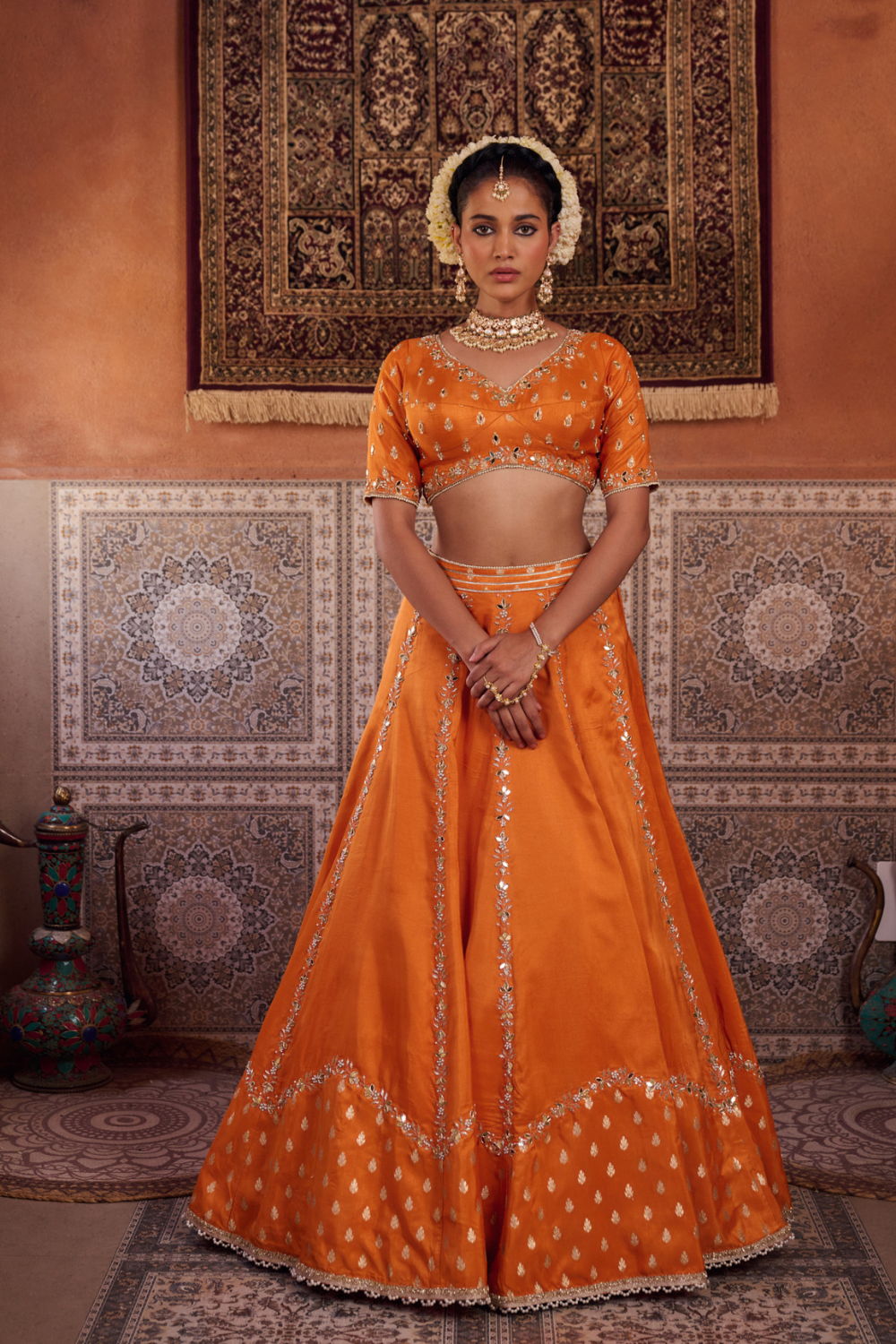 Rust orange silk embroidered blouse, lehenga and dupatta