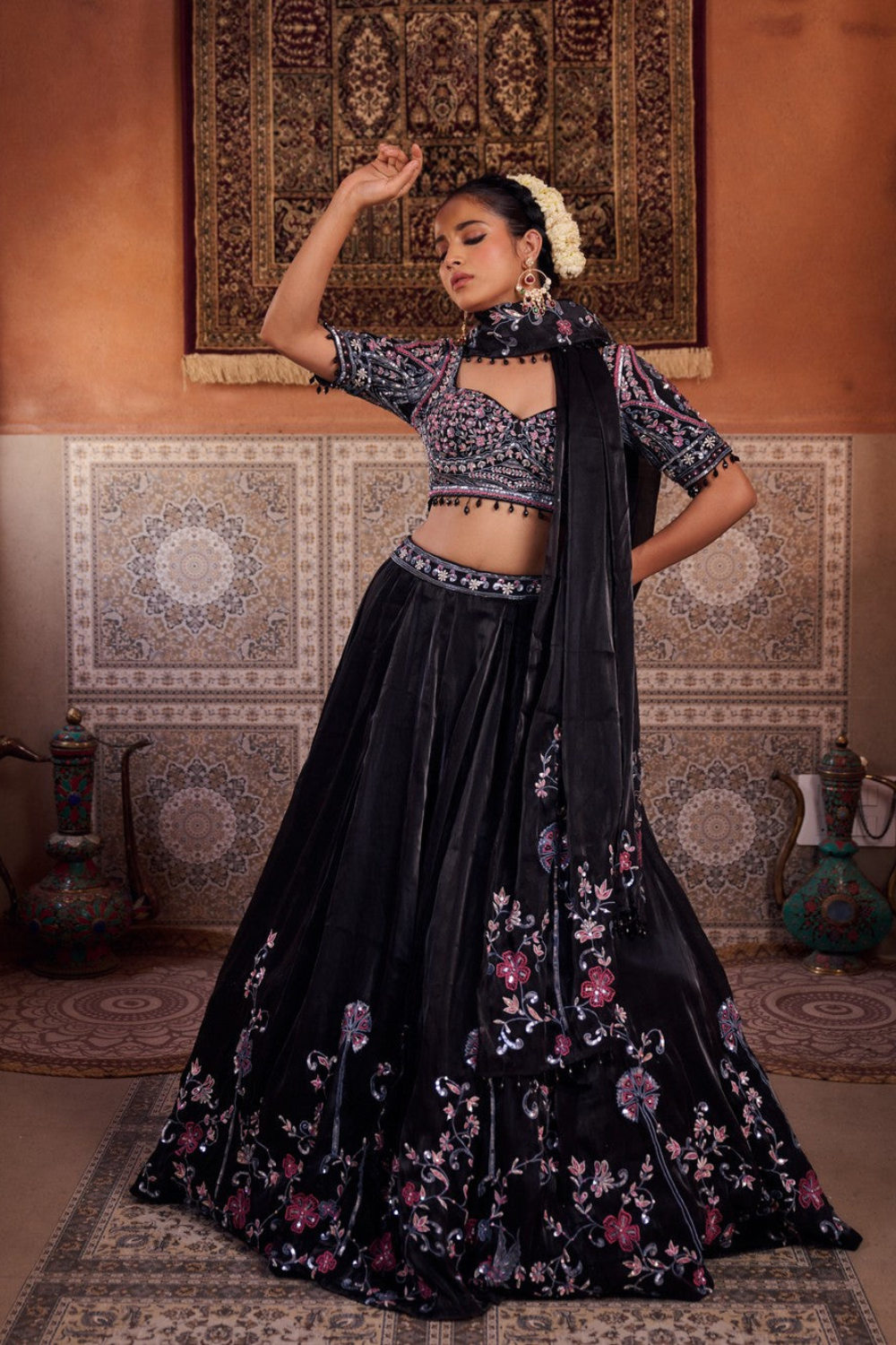 Black glass tissue embroidered blouse, lehenga and dupatta