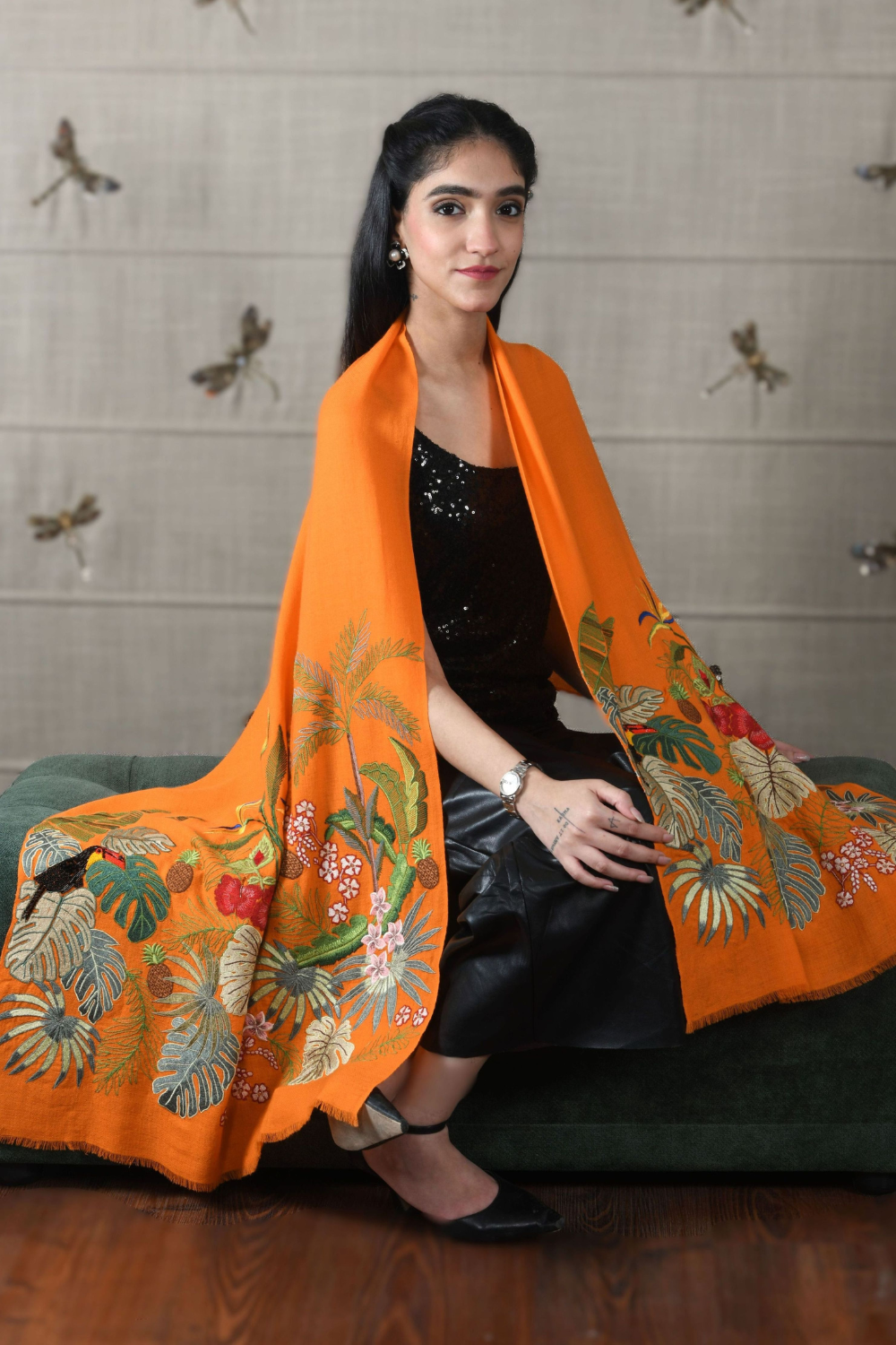 A Toucan's Day | Embroidered Fine Merino Wool Stole – Orange Peel