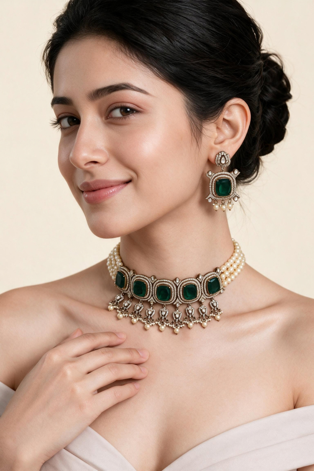 Emerald Green Moissanite Pearl Choker Set