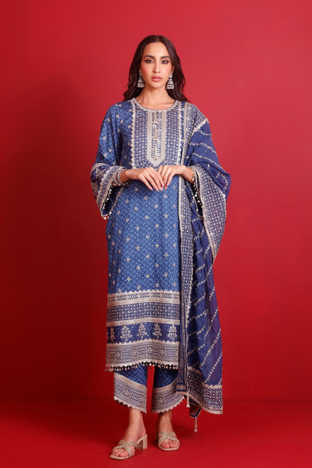 Lari Pima Satin Printed Navy Kurta Set