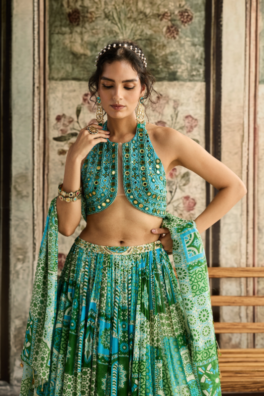 AQUA EMBROIDERED BLOUSE AND AQUA PRINT AND HIGHLIGHTED LEHENGA SET