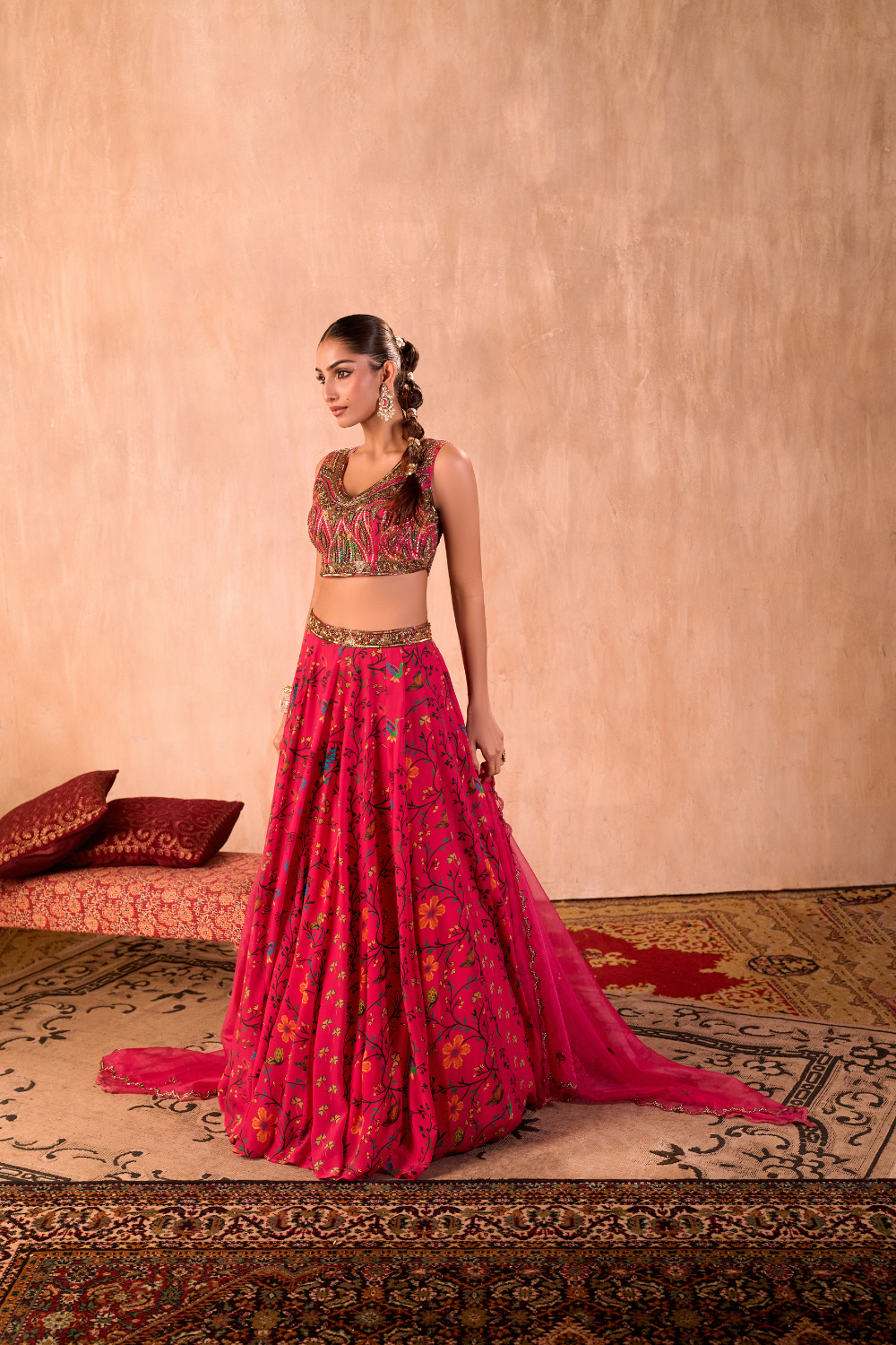PINK PRINT EMBROIDERED CHOLI, LEHENGA AND DUPATTA SET