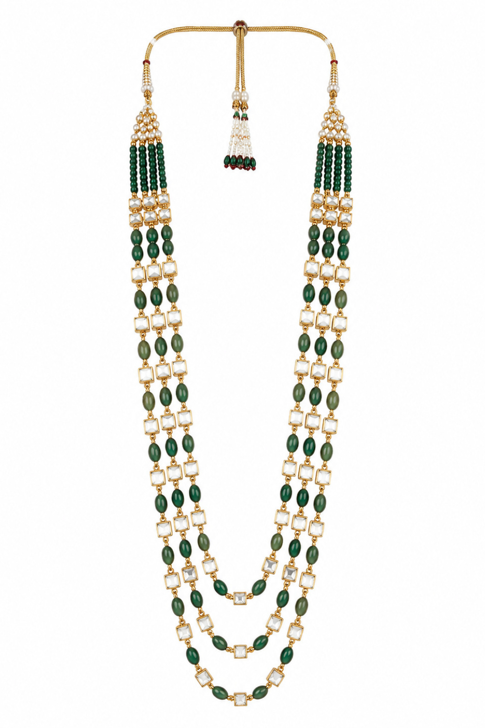 Three-Layer Green Beaded Kundan Groom Mala