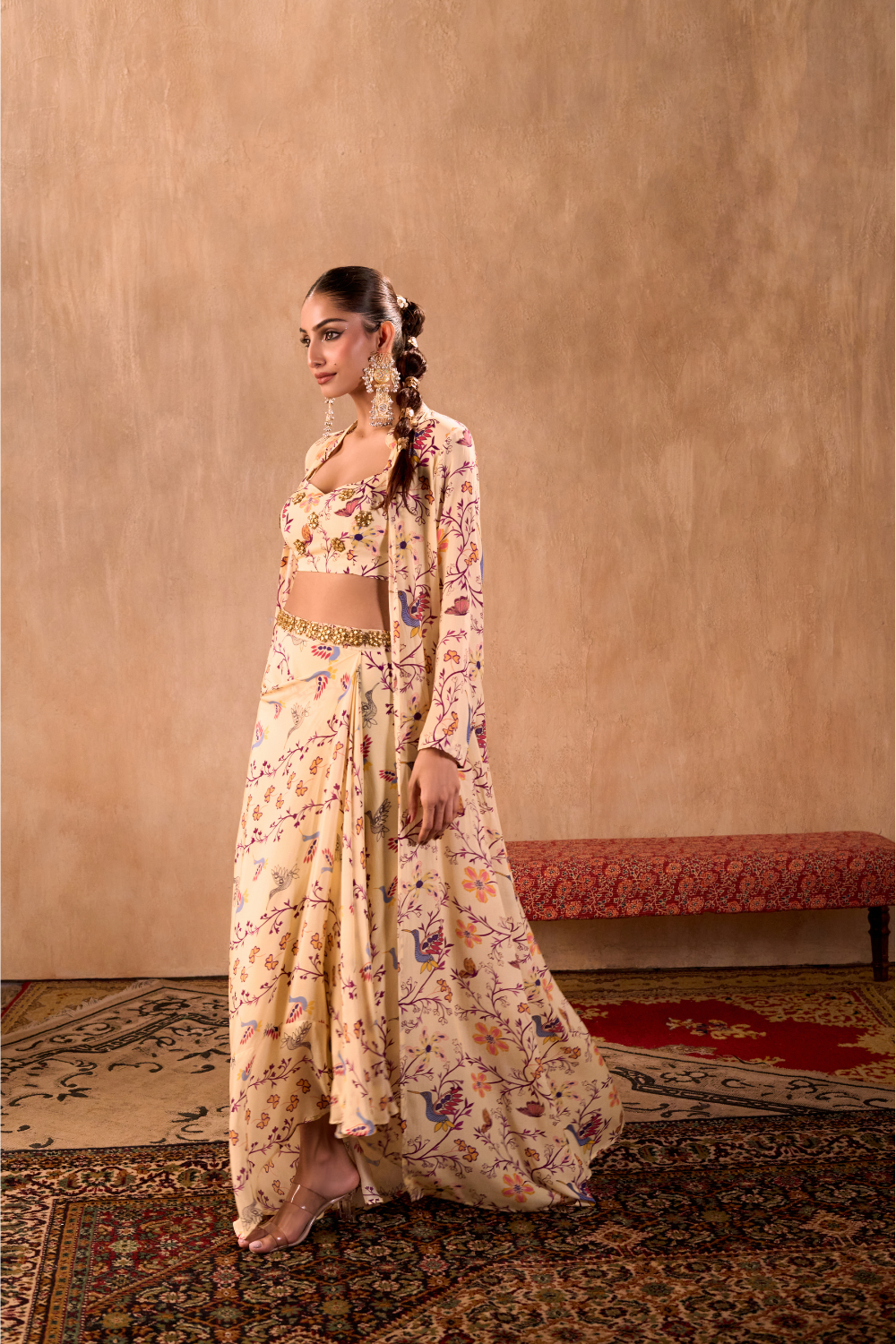 IVORY PRINT EMBROIDERED CHOLI, DRAPED SKIRT AND JACKET SET