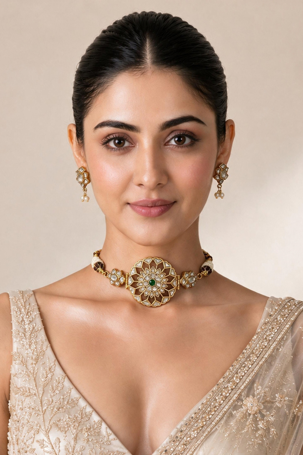 Handcrafted Jadau Kundan Choker Set with Pearl Accents