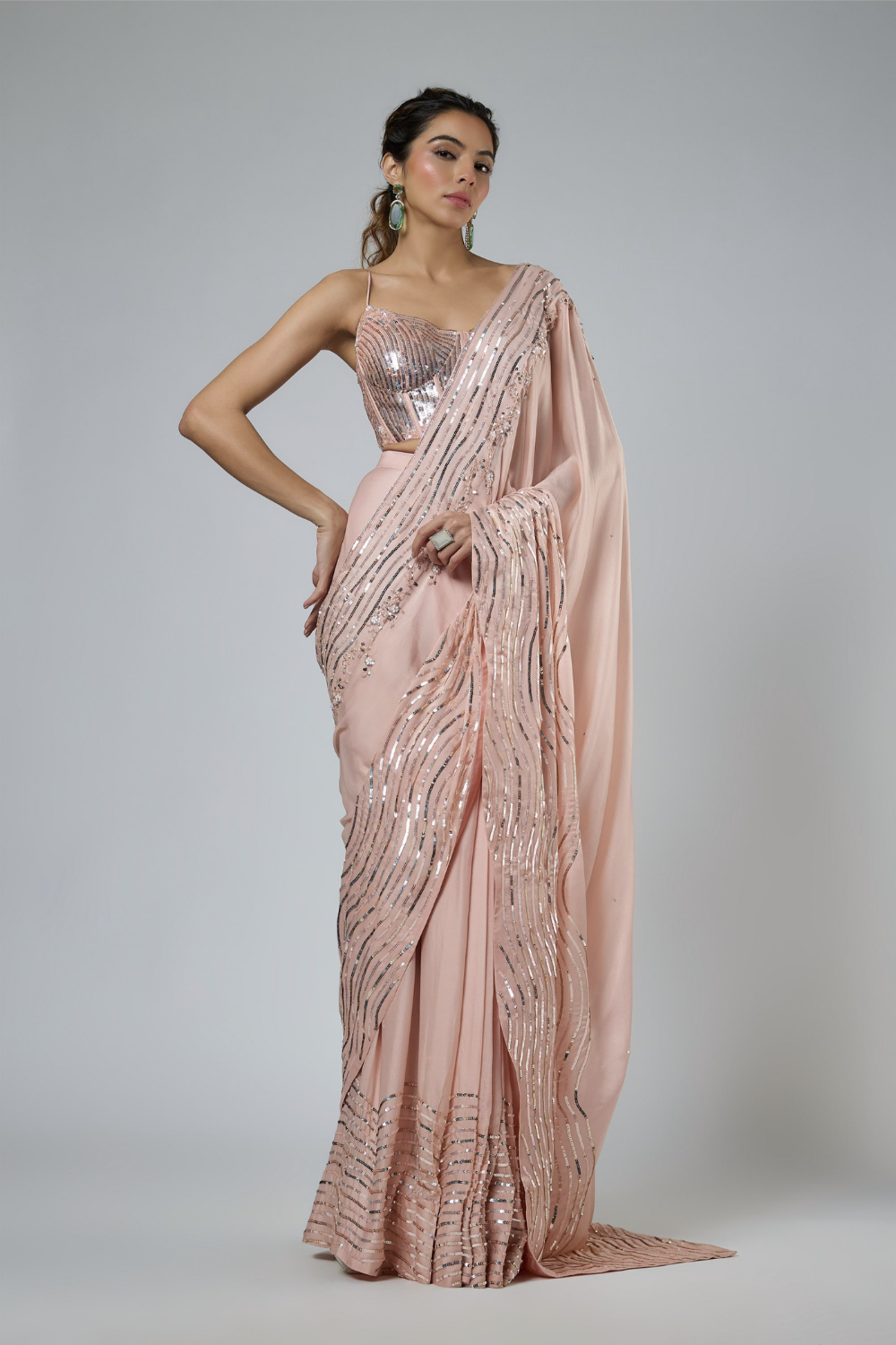 DARK PEACH INTRICATE EMBROIDERED SAREE SET