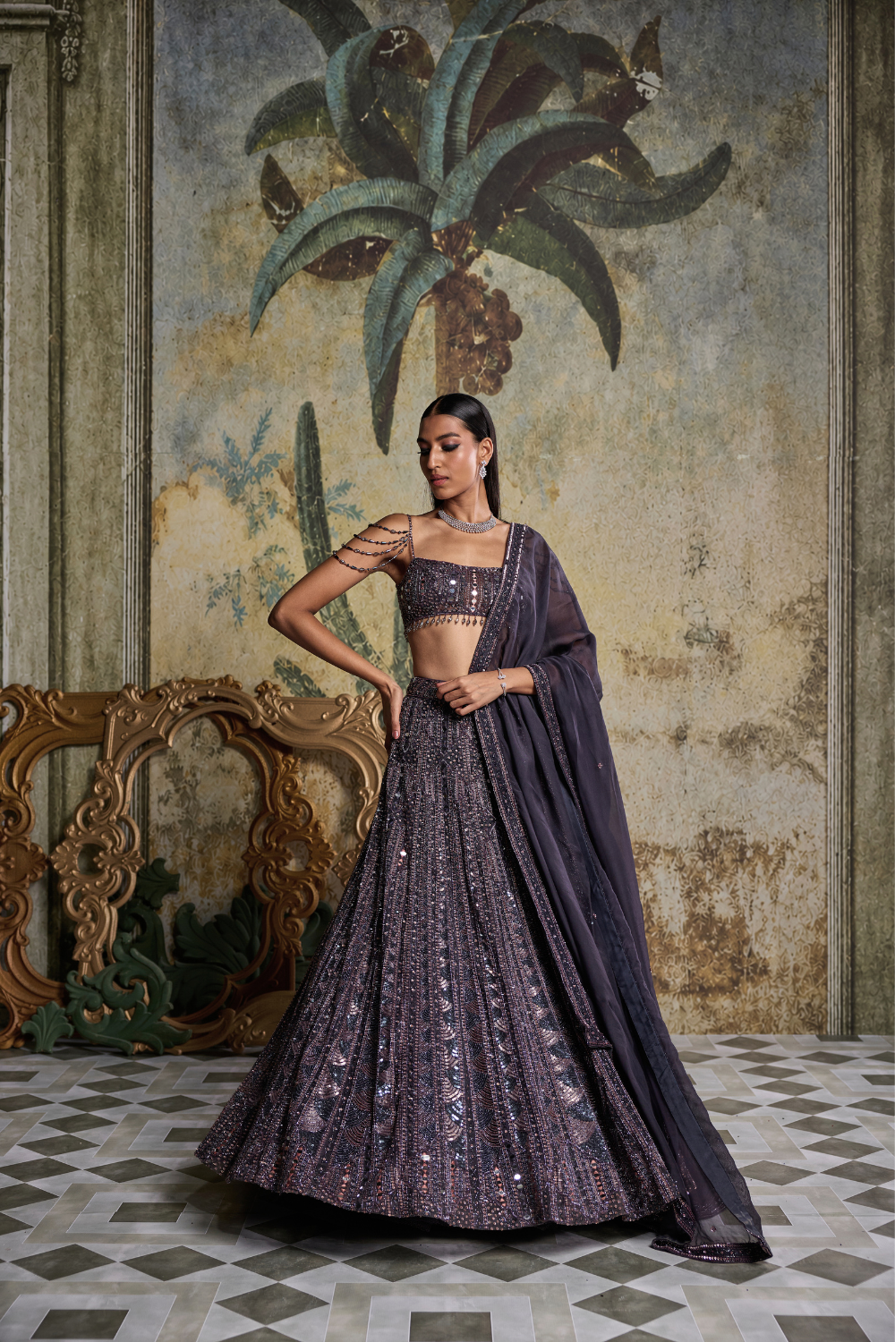 Charcoal Grey Embellished Lehenga Set