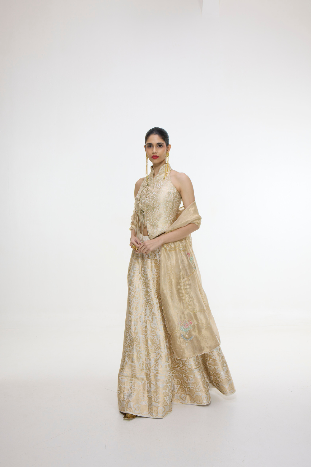 Handwoven Ivory-Gold Silk Lehenga Set