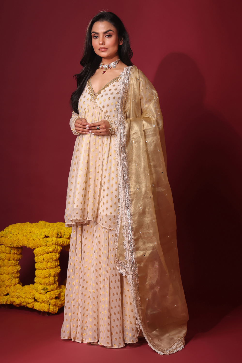 Ivory Georgette Peplum Set