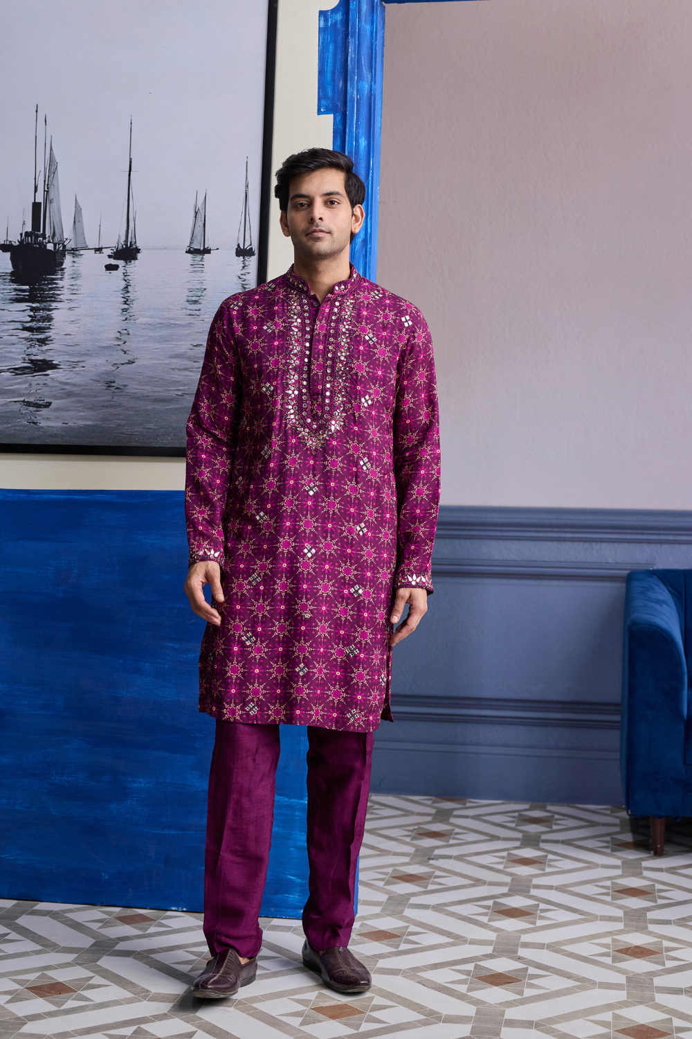 PLUM BUTTA PRINT HIGHLIGHTED KURTA WITH SOLID PANTS
