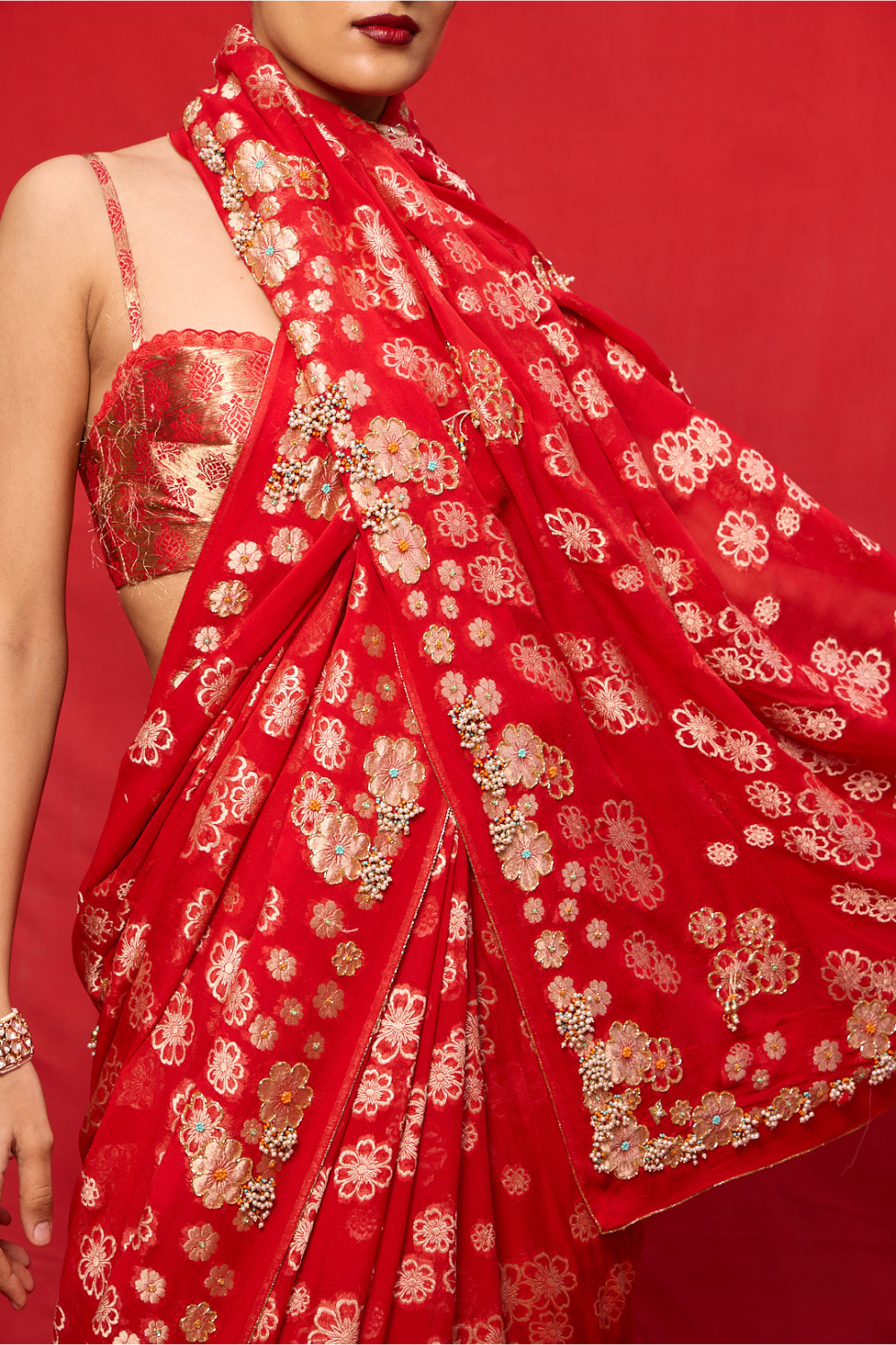 Handwoven Red Chiffon Banarasi Saree