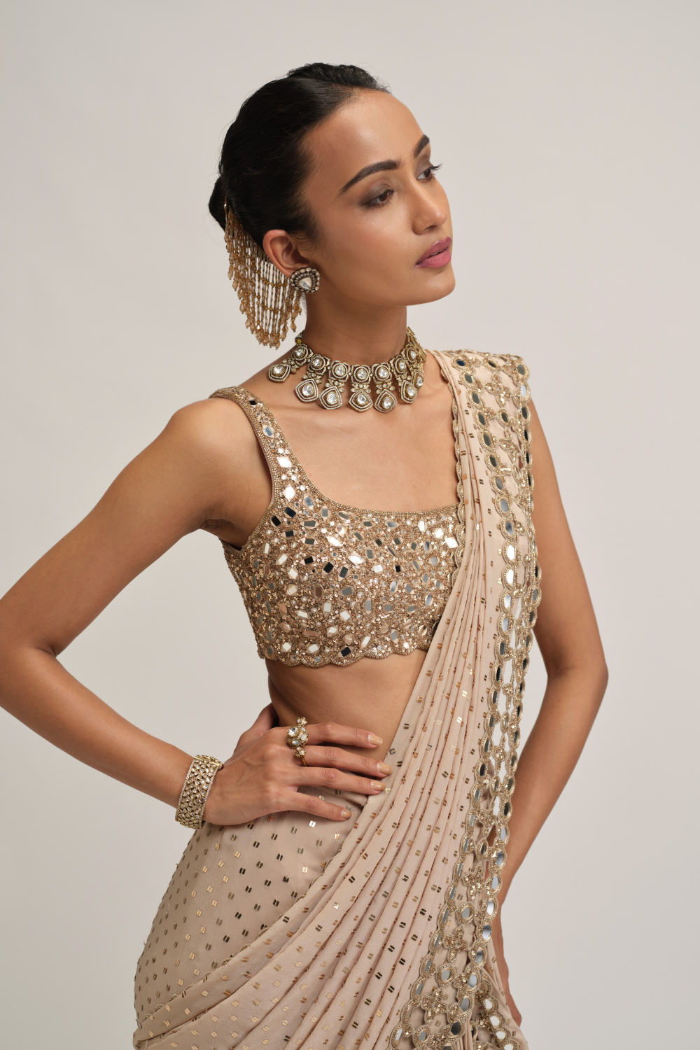 Light Beige Round Neck Cutwork Border Saree Set