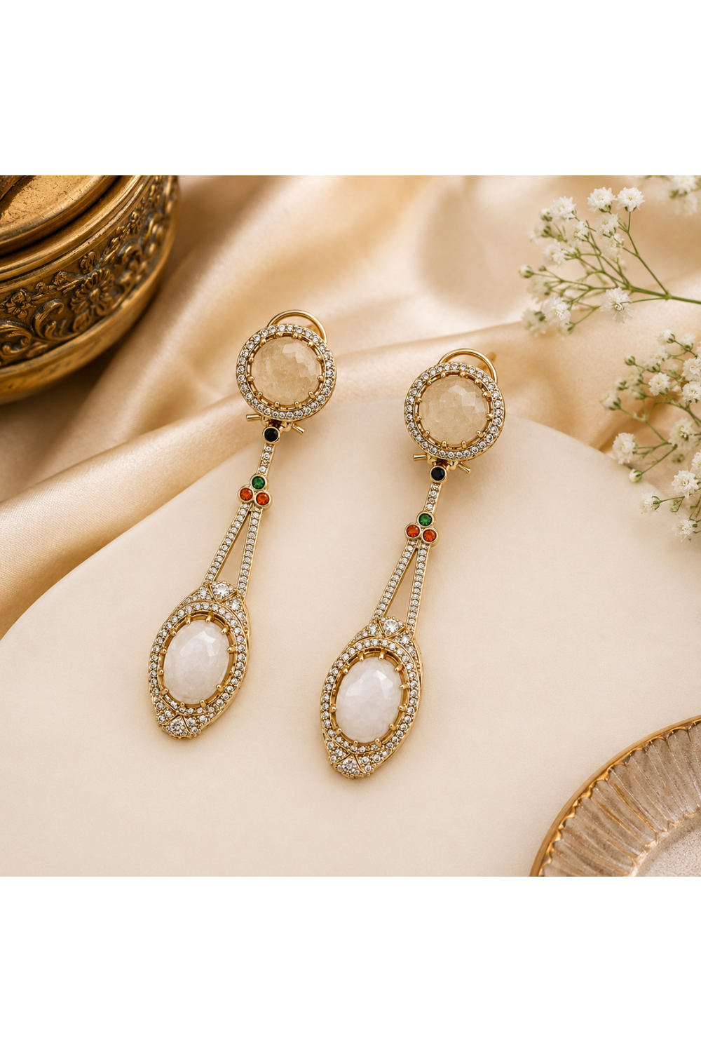 Ivory semi-Precious Dual Stone Drop Earrings