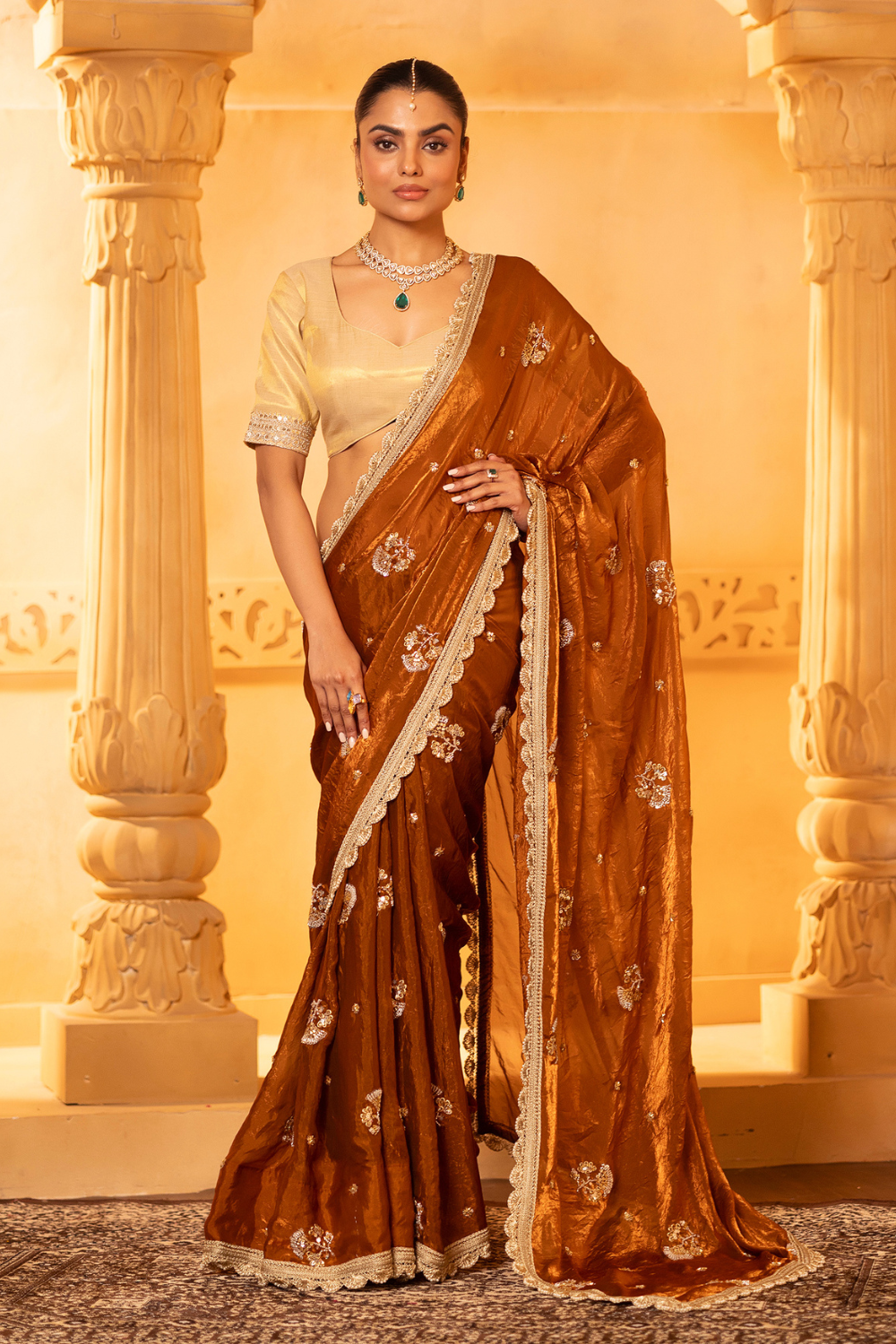 Rust Glaze Tissue Saree Set