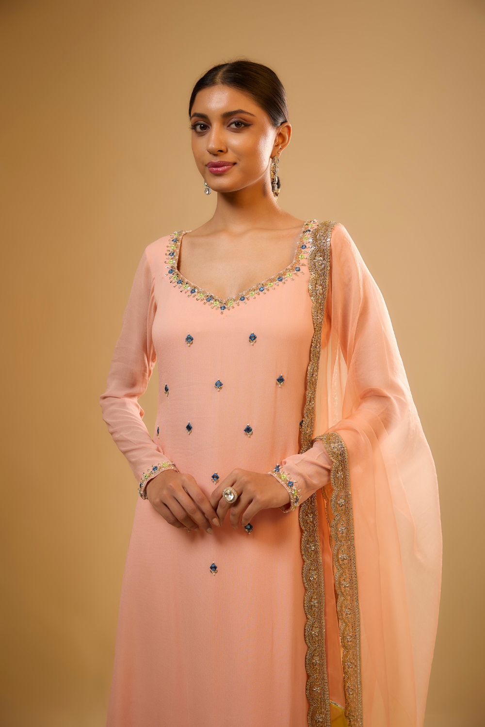 Peach sorbet georgette kurta pants set with mirrors and multicoloured  embroidery