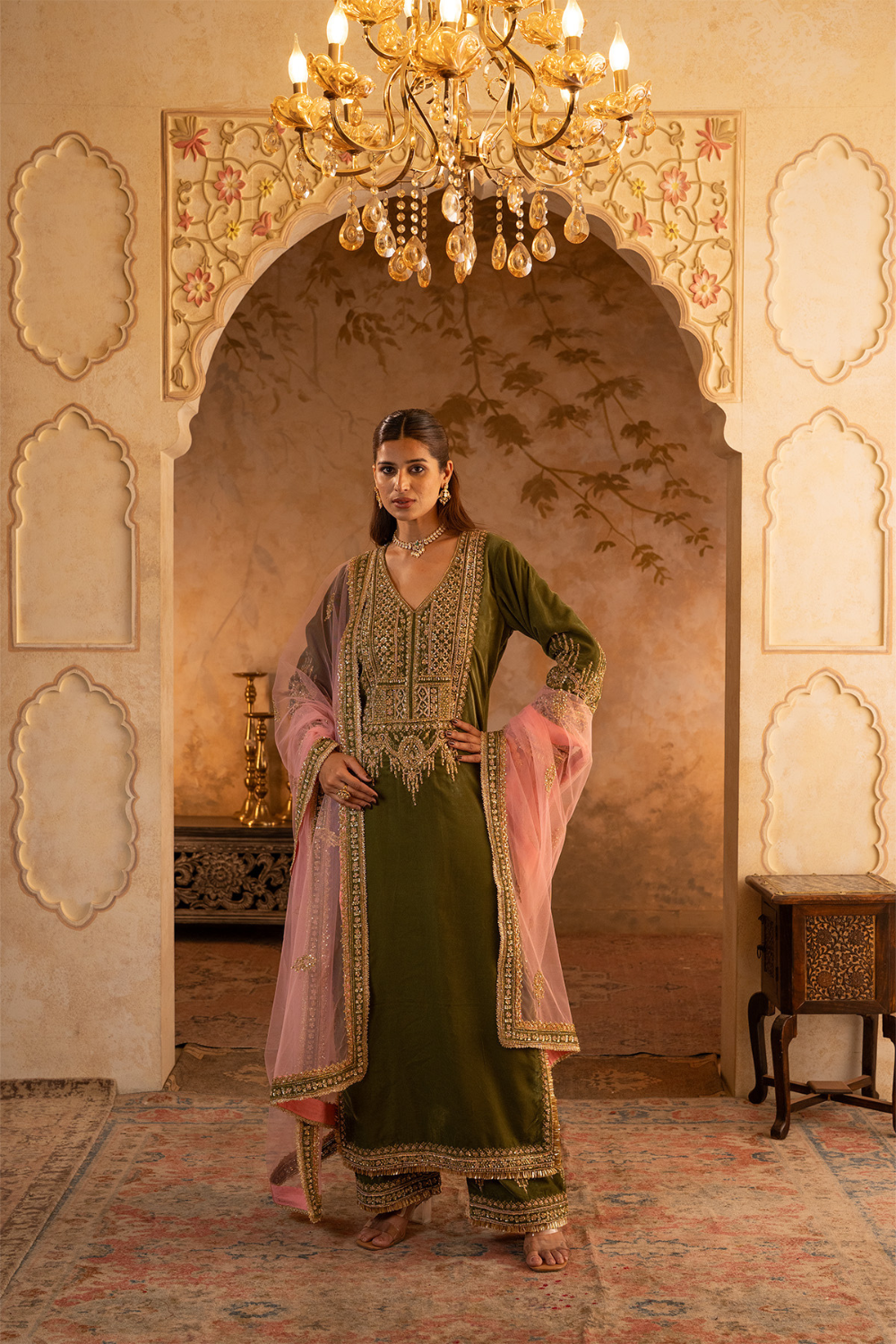 Olive Green Velvet Suit Set