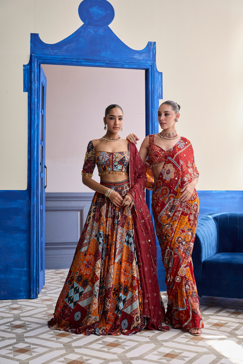 Rust Mosaic Highlighted Blouse with Classic Skirt Saree Set