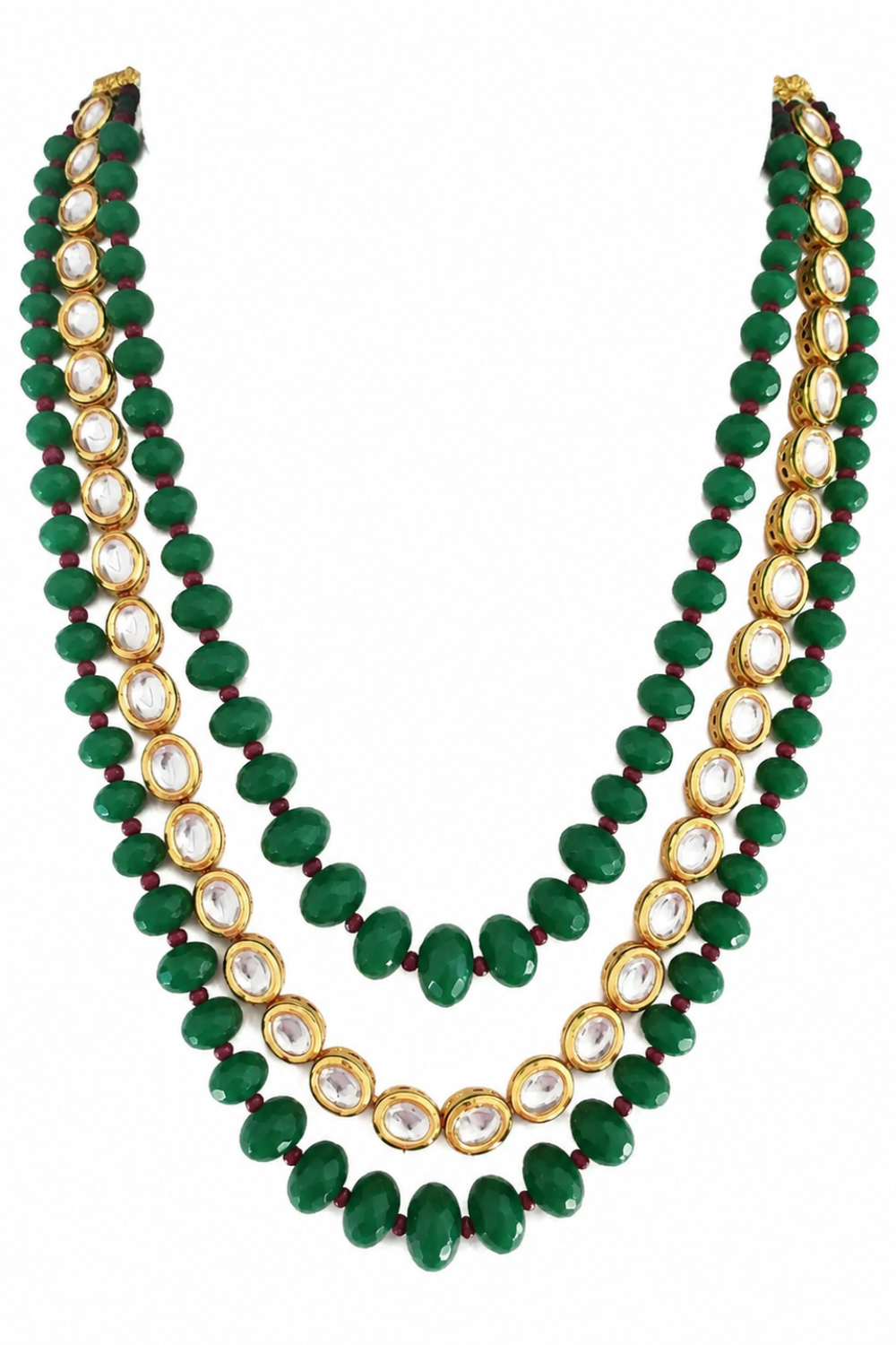 Three-Layered Kundan Green Beaded Mala
