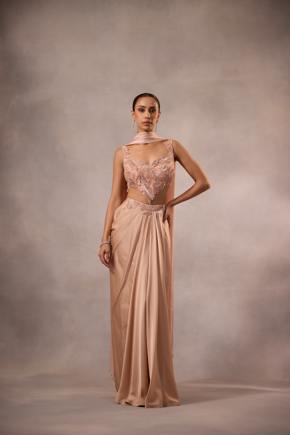 Champagne Pink Drape Skirt with Blouse & Stole