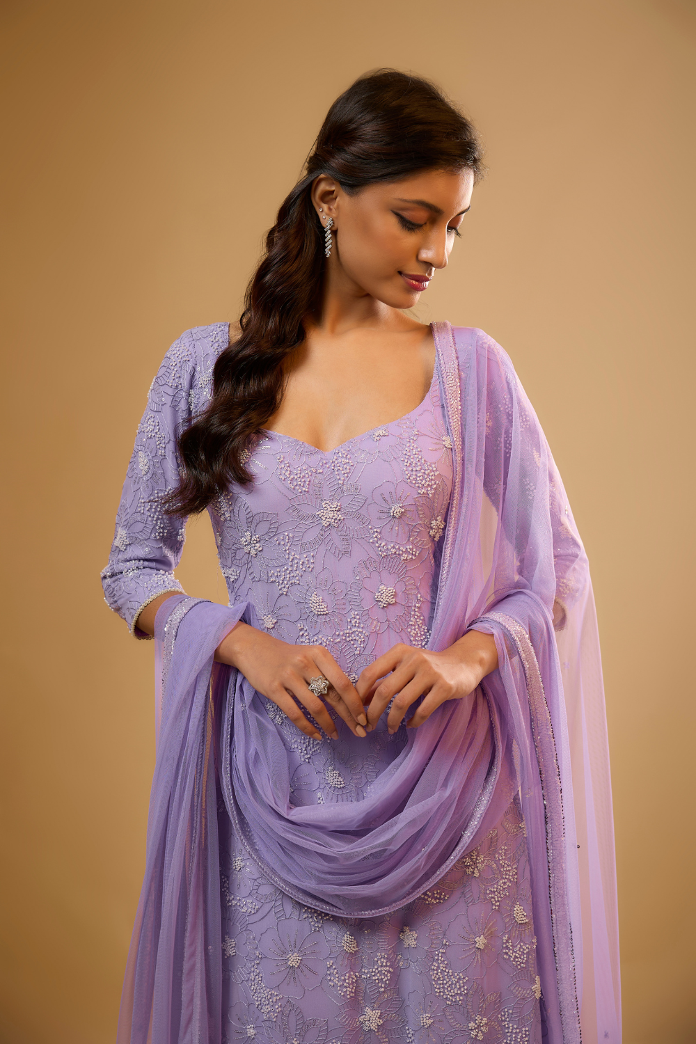 Lavender georgette kurta pants set embroidered with sequins, glass beads & threadwork