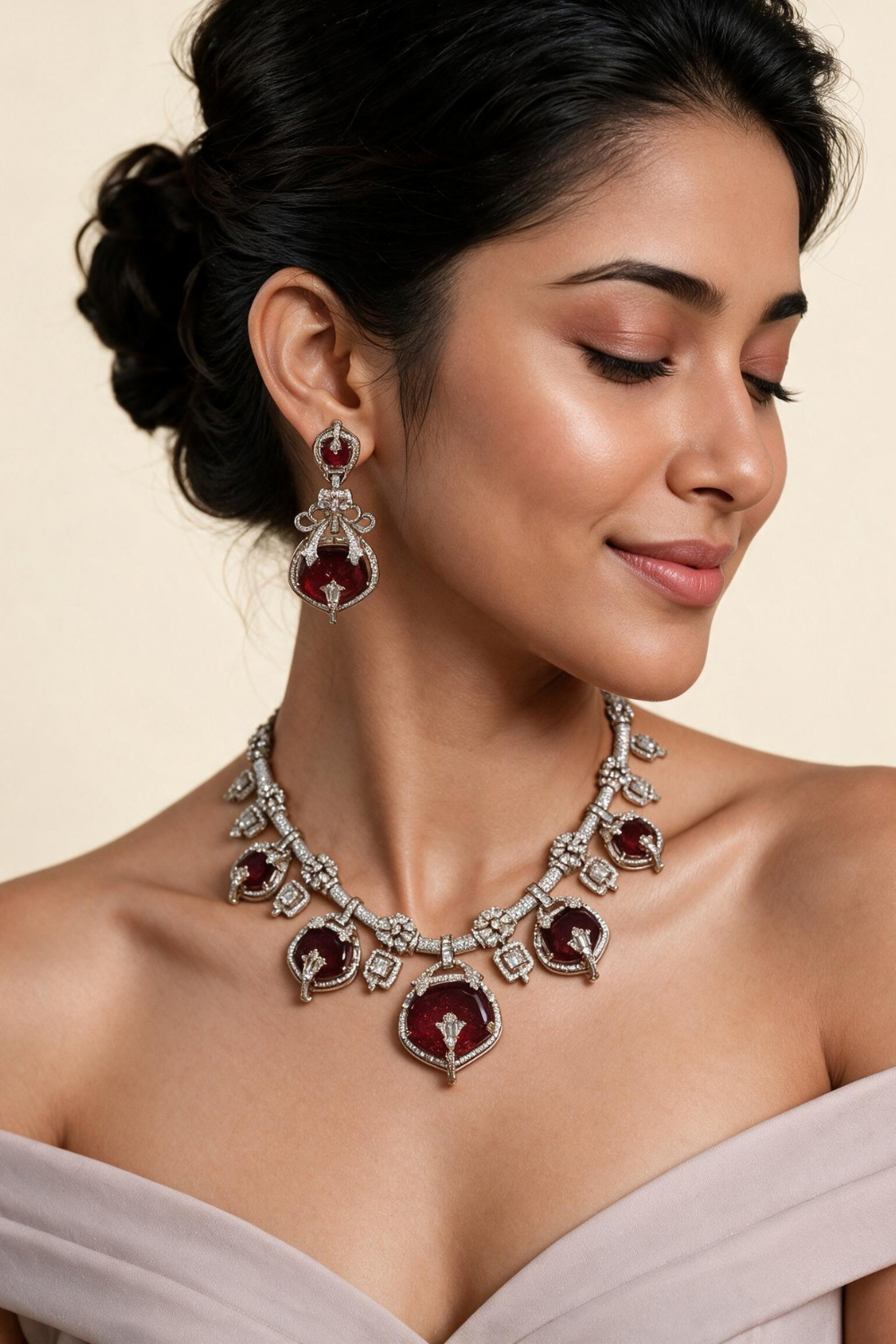 Ruby Semi-Precious Stone Moissanite Necklace Set