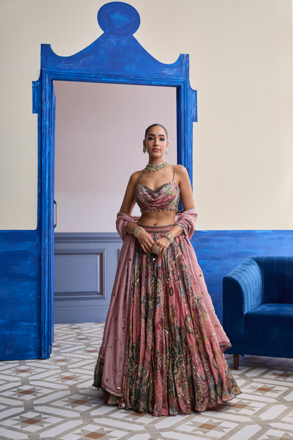Dusk Pink Highlighted Blouse with Lehenga & Embroidered Dupatta Set