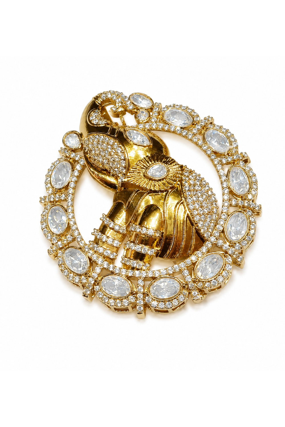 Gold Plated Elephant Motif Brooch with White Stones
